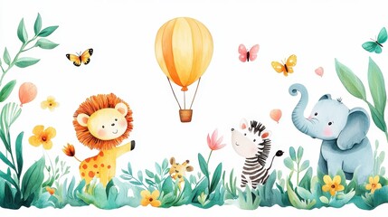 Naklejka premium Cute animals in a whimsical landscape with hot air balloon and colorful butterflies