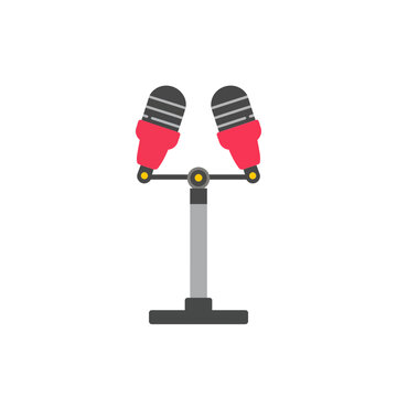 Two modern microphones on a stand for podcasting and radio broadcast flat vector icon illustration isolated on transparent background, Vector