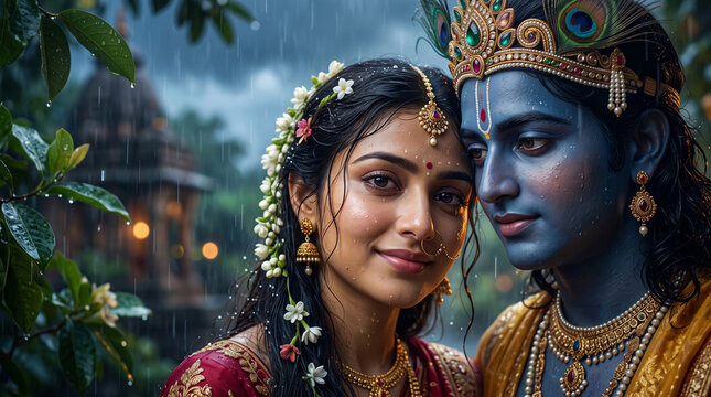 Radha and Krishna in a close devotional portrait surrounded by white flowers, leafy branches, and lush greenery