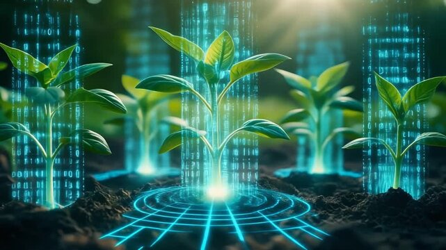 Futuristic digital plants with glowing blue lines and abstract patterns in a dark setting