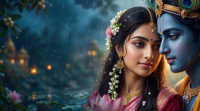 Radha and Krishna beside a lotus pond with lush greenery, flowers, gentle rain, and warm distant lights