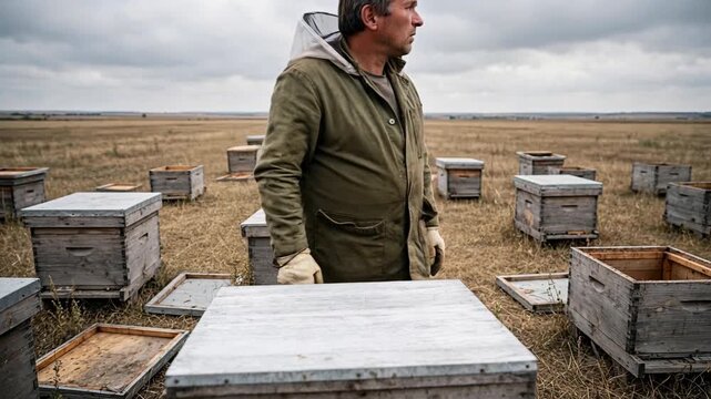 A beekeeper wearing a veil and gloves closes a beehive and stands up in a rural field apiary