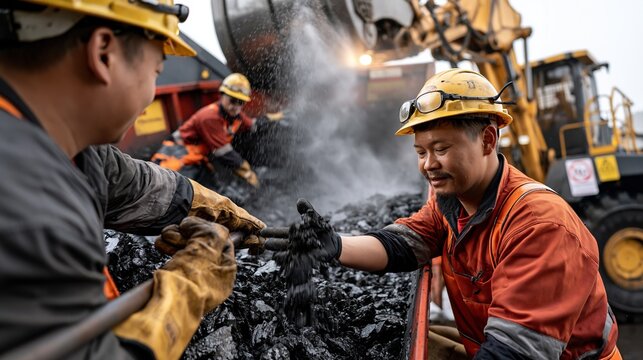 Photograph of workers loading crushed mineral slag into a reprocessing hopper for secondary metal extraction, heavy machinery in motion, dust suppression water mist visible in the air