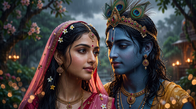 Radha and Krishna standing closely together beneath flowering branches and warm garden lights