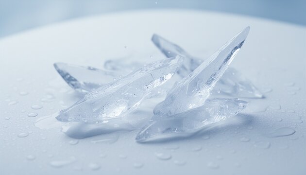 Crystal clear ice shards melting slowly on a clean white surface