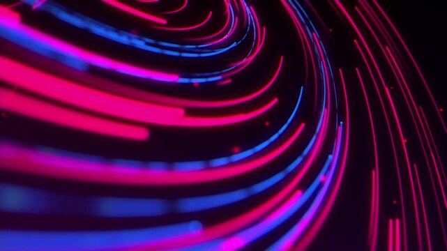 Digital light trail forms abstract neon blue and pink circular tunnel. Suitable for futuristic, technology, motion, vibrant design concepts.