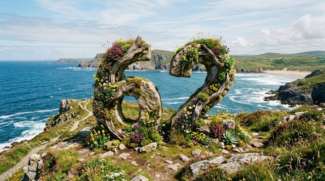 Green toad sculpture in coastal garden by the ocean