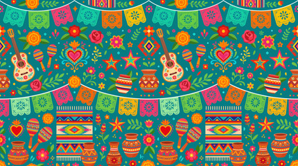Naklejka premium Vibrant Seamless Pattern Featuring Traditional Mexican Folk Art Elements With Colorful Flowers Maracas Guitars And Decorative Festive Bunting