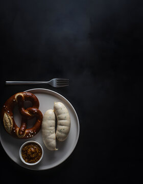German Weisswurst sausages with pretzel and sweet mustard on a dark background.