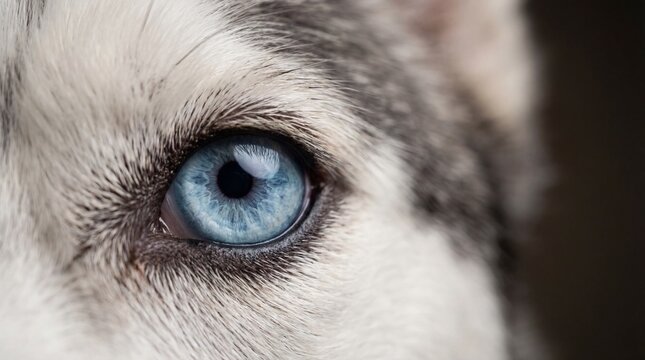 extreme close up of bright blue eye of siberian husky dog. macro detail of grey and white animal fur and pupil. pet health, vision and sight concept. copyspace, banner, website header.