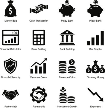 Financial Management Banking and Economy Black Glyph Icon Collection