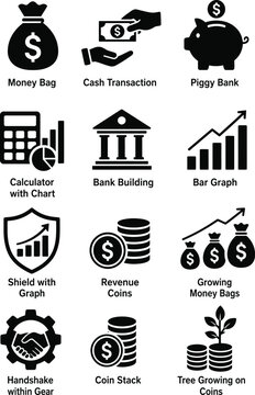 Business Finance Banking and Asset Growth Black Vector Icon Set