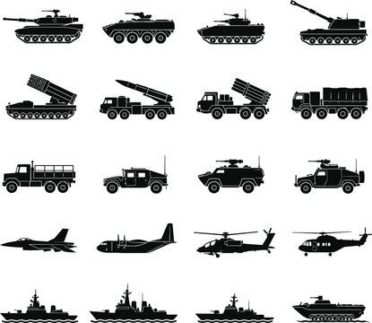 Army Military Vehicles Tanks Helicopters and Warships Black Vector Icons