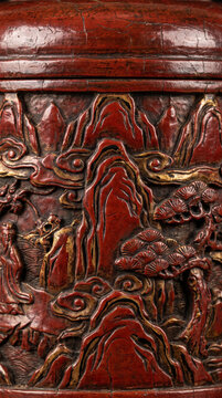 Ancient Chinese Carved Cinnabar Red Lacquer Box with Mountain Landscape and Scholar Figures