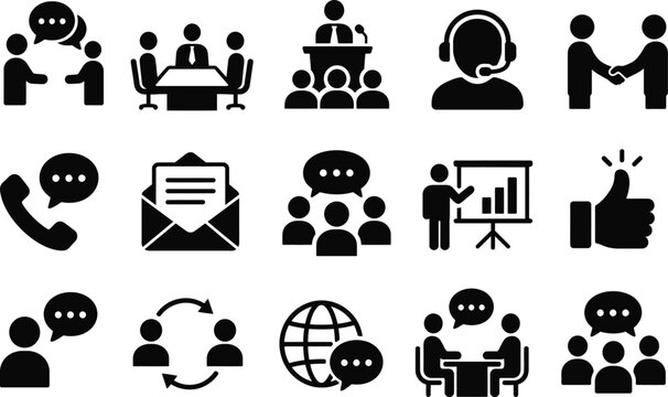 Office Teamwork Communication and Business Collaboration Icon Set