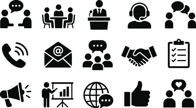 Business Communication Teamwork and Customer Service Black Icon Set