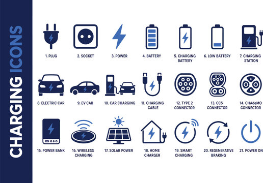 Electric Vehicle EV Charging Station and Battery Power Icon Set