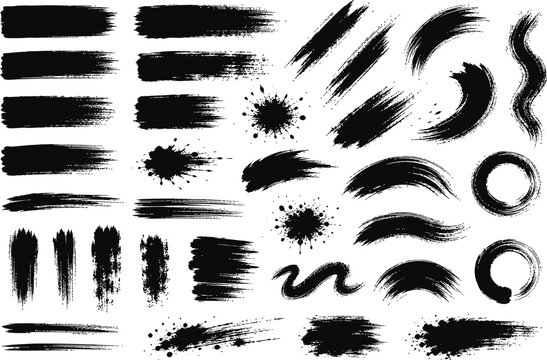 Black Paint Brush Strokes Ink Splatters and Circular Banners Set