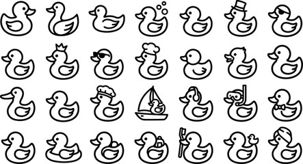 Obraz premium Rubber duck line art icon set featuring yellow bathtub toy puppies characters with hats sunglasses crowns and swimming ducks vector illustrations for bathroom baby shower product branding