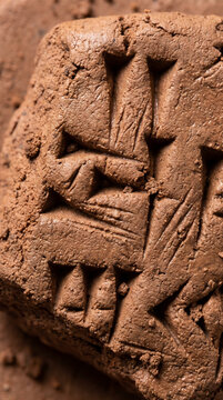 Macro Shot of Ancient Mesopotamian Clay Tablet with Carved Sumerian Cuneiform Script