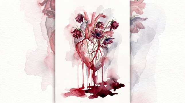 Anatomical human heart shaped like a flower bouquet with bleeding watercolor roses floral heart medical art gothic romance heart illustration surreal art romantic biology painting illustration