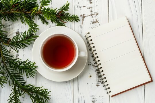 Cup of tea and blank paper notebook or planer on a white wooden table, christmas tree branches, copy space, top view. New Year Goals Concept