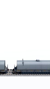 Vertical shot of freight cargo train with metal cisterns passing by moving on railroad isolated on white background with copy space. Loopable 3D animation on railway transportation logistics theme.