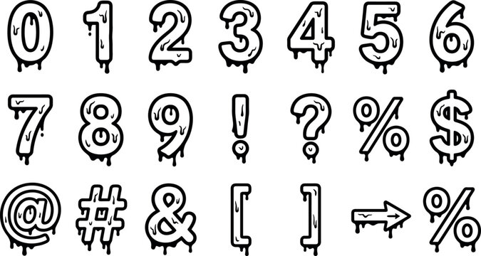 Spooky slime dripping numbers and symbols vector line art set featuring creepy melting countdown typography elements for Halloween