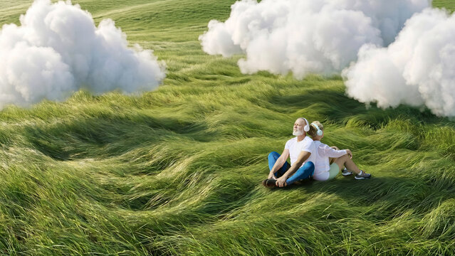 Older couple listens to music while relaxing in surreal green meadow. Concept of mental wellbeing, shared leisure, music therapy and positive senior lifestyle.