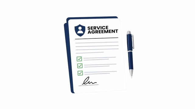Flat 2D vector animation of a signed service agreement contract with pen and approval marks, professional business concept, alpha channel transparent background.