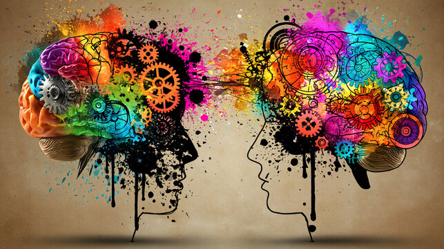 The Synergy of Minds: Two abstract human profiles face each other, their brains depicted as intricate, colorful gears and splatters, symbolizing the vibrant exchange of ideas and creative thought.