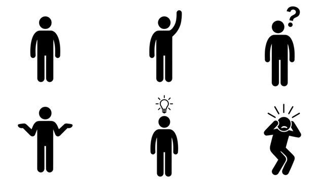 Simple black silhouette icons depicting various human poses and emotional states