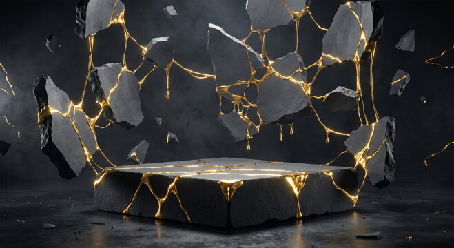 Surreal shattered dark ceramic podium with liquid gold Kintsugi for product display