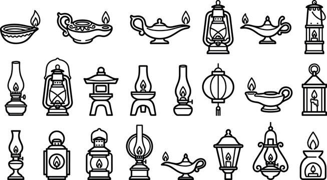 Vintage oil lamp and antique lantern line art icon set featuring kerosene burners aladdin lamps paper lanterns and gas lights vector illustrations for camping history branding packaging