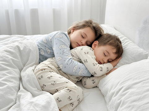 Adorable Siblings Sleeping Cozy Together Under Duvet on White Bed