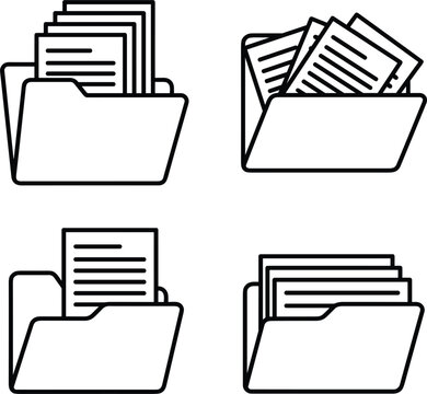 Four different file directory icons displaying folders holding text documents for corporate organization data registry and archiving