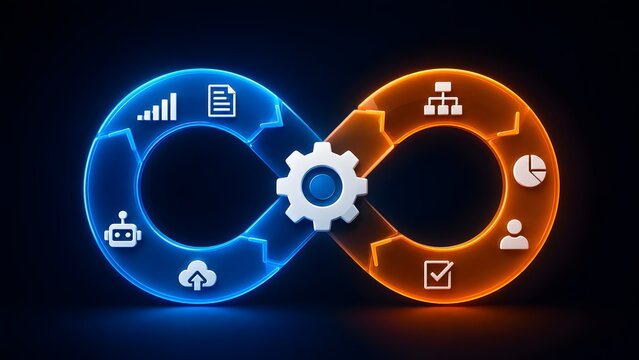 3D glowing infinity loop symbol with central gear and business workflow icons for continuous integration and automated DevOps process concept.