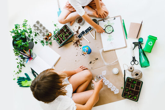 A top view shows two young siblings in white t-shirts sitting while handling test tubes and soil. Creative home laboratory concept for ecology and futurism experiments.