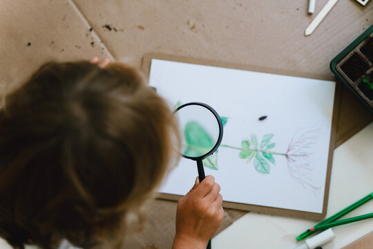 A curious child examines a botanical drawing with a magnifying glass while sitting on the floor surrounded by gardening tools and seedlings. Authentic early education and nature exploration concept.