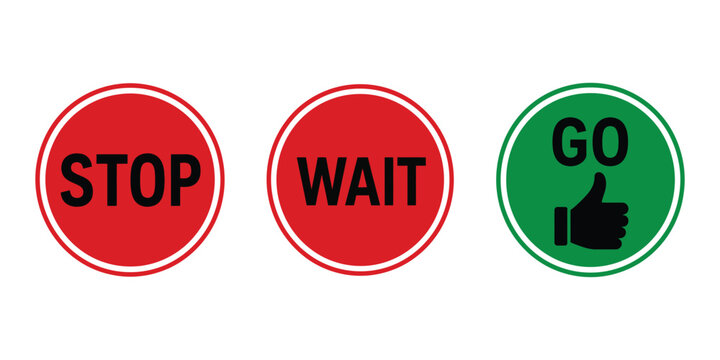 Road signs and status indicator set featuring stop wait go button graphics for safety navigation.