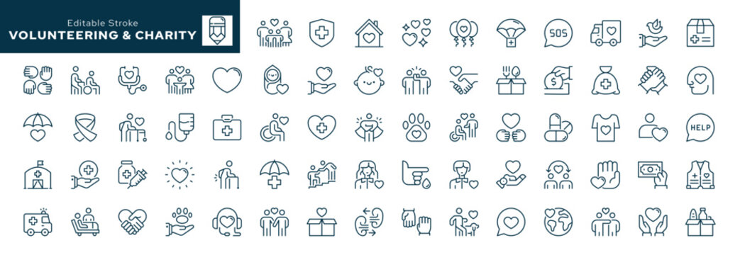 Volunteering and charity outline icons set. Donation, help, support, humanitarian aid, donor, volunteer, community, unity, caring and more. Line icon in linear style. Vector collection	