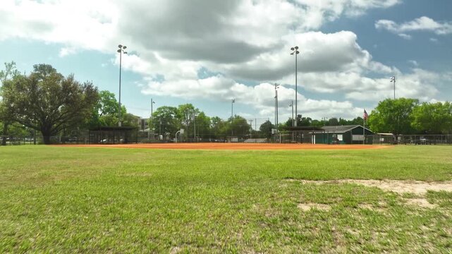 Low angle drone view of empty baseball field with green grass and infield dirt on sunny day.