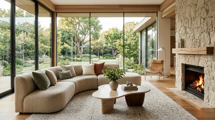 Fototapeta premium Modern living room with sectional sofa, fireplace, and garden view.