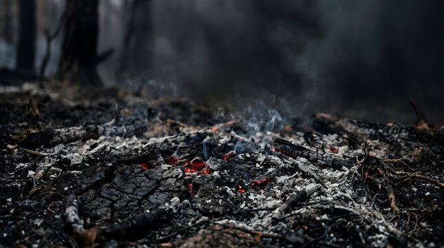 Glowing embers and ash from smoldering fire with smoke