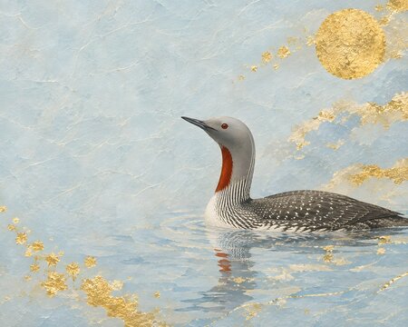 Red-Throated Loon on Pale Blue Washi Paper with Gold Leaf