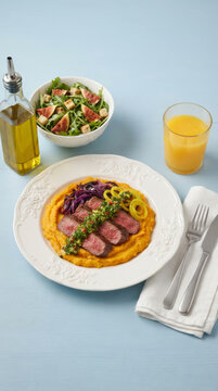 Grilled steak with carrot pur&eacute;e, red cabbage, and saffron-pickled onions, accompanied by a fresh salad with figs and a glass of fresh orange juice.