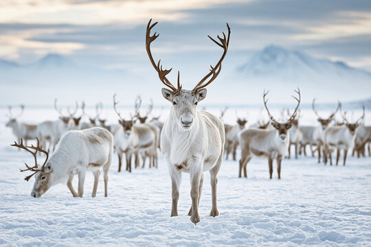 A vast snowy landscape with a herd of reindeer.
