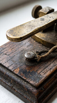 Antique Brass Telegraph Morse Code Key Transmitter on Weathered Wooden Base