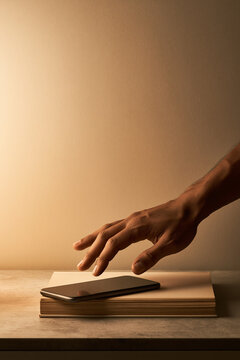 A smartphone is lying face down on the table. A hand is reaching out toward the phone with hesitation to check a secret message.