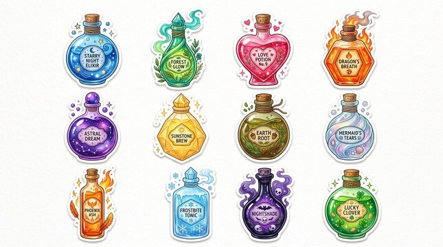 Set of colorful magic potion bottles with mystical labels and glowing liquid isolated on a white background